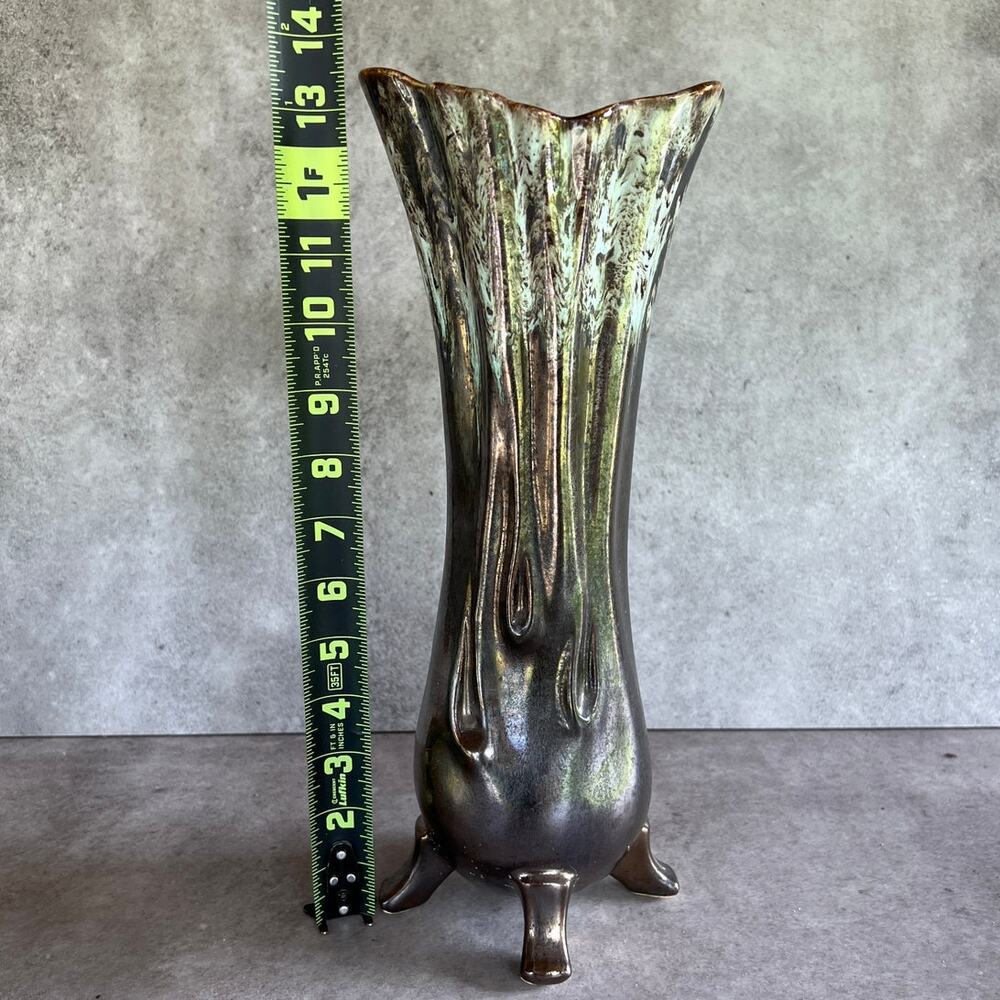 Mid century modern Metallic drip glaze ceramic large footed vase vintage unique - Picture 9 of 12